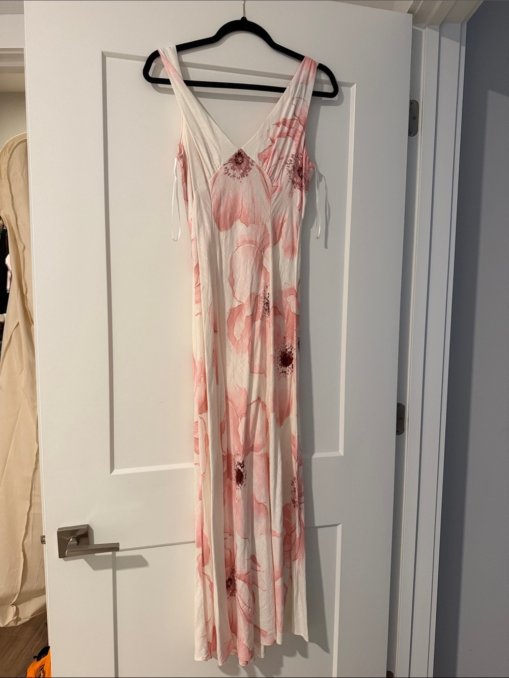 Sleeveless Cream Maxi Dress with Pink Floral Print